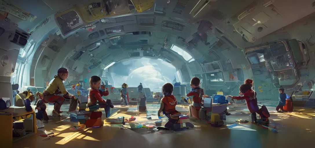 Prompt: kindergarten in a spacestation, big windows, happy children, intense sci-fi details, realism, stunning photo-quality, bright and happy, movie-quality, futuristic, technology, cinematic atmosphere, muted colours, guardians of the galaxy-style 4k, arnold render, trending on artstation, cgsociety,