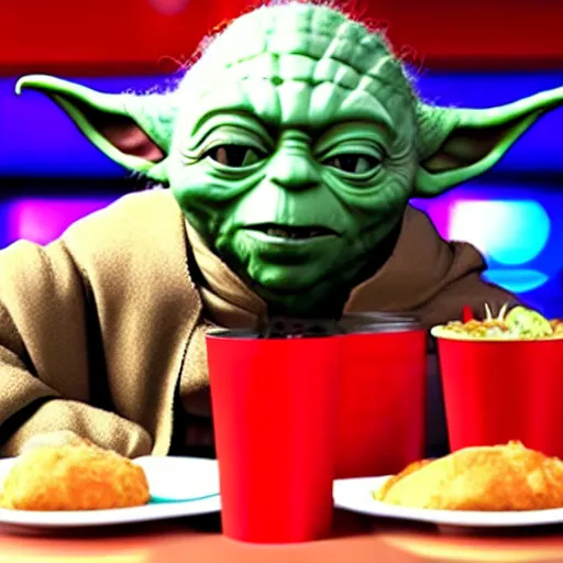 Prompt: A still of Yoda eating at KFC, 4k, photograph, ultra realistic, highly detailed, professional lighting