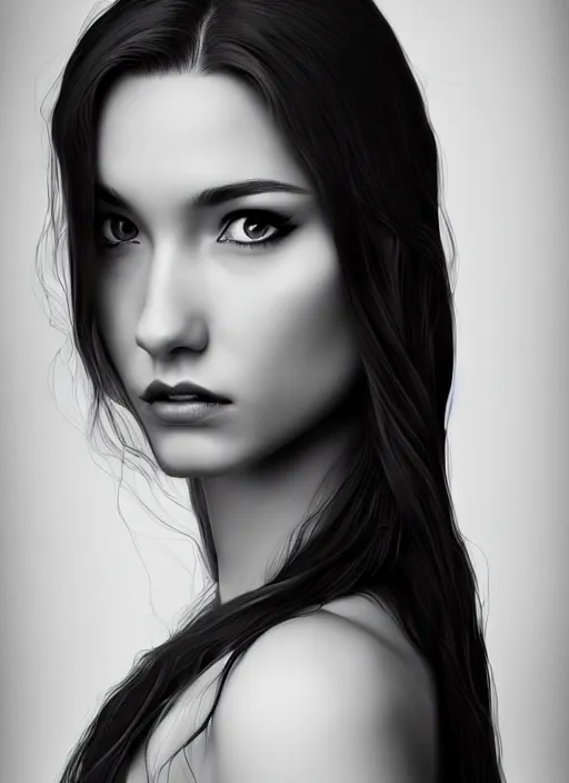 Image similar to full body portrait of a beautiful young woman in black and white, photorealistic, hair down to waist, sharp focus, in the style of Kevin Kostic, Stephen Lau and artgerm, hyper sharp focus, 8k highly detailed