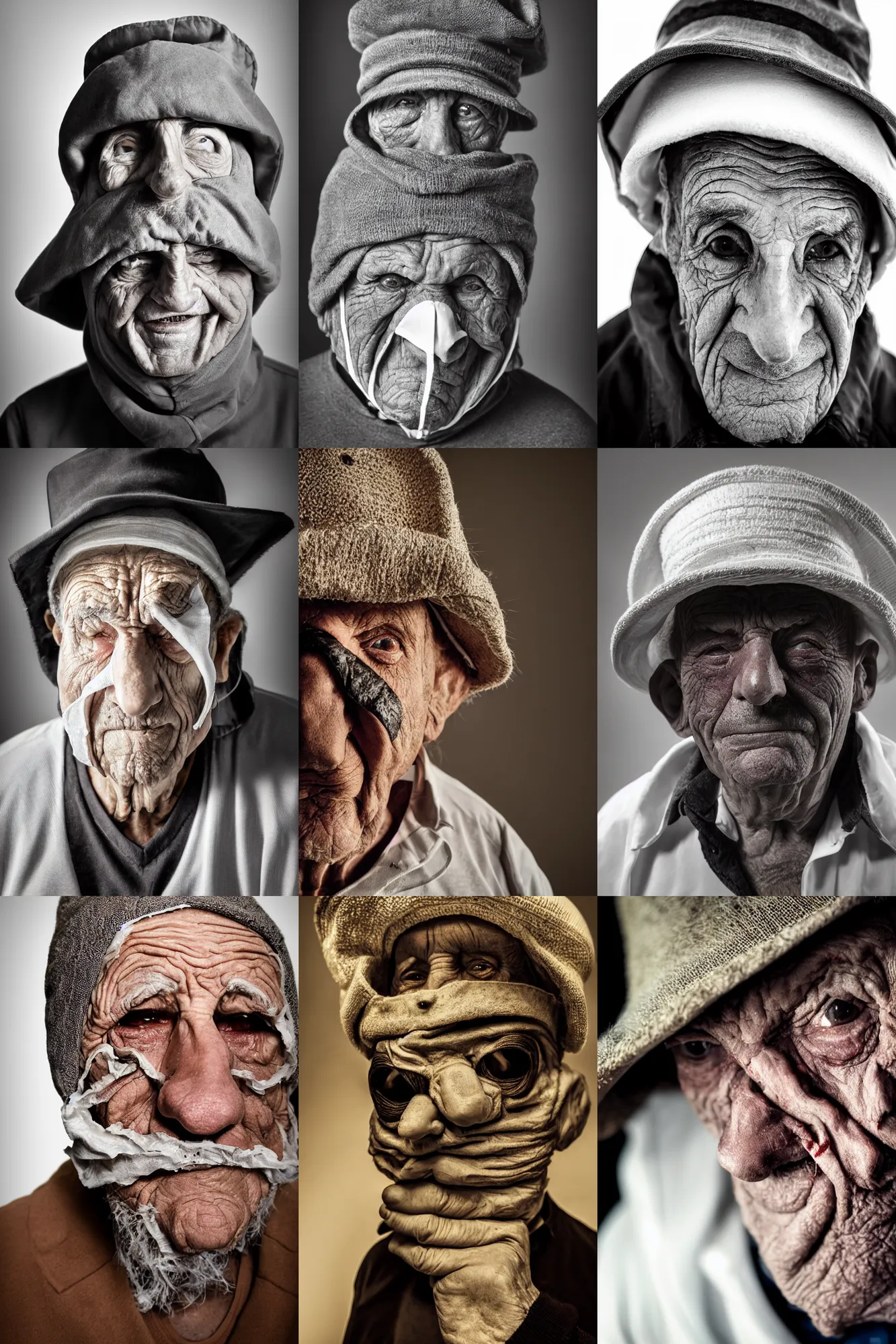 Prompt: high contrast studio close - up portrait of a wrinkled old man wearing a pulcinella mask, clear eyes looking into camera, baggy clothing and hat, backlit, dark mood, nikon, photo by manny librodo, masterpiece