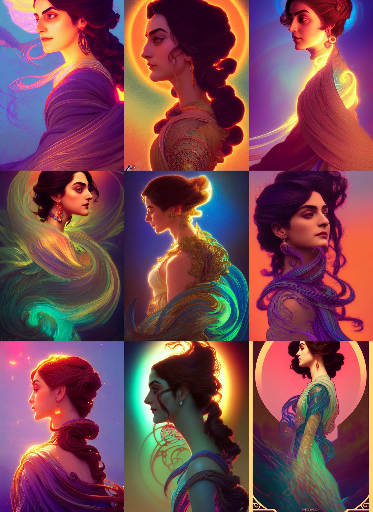 Prompt: side portrait, maya ali, wind sorcerer, gloomhaven, soft, smooth, luminescent, art nouveau tarot, backlit glow, colorful swirly ripples, gaudy colors, aesthetic octane render, unreal engine, 8 k, by mucha, ilya kuvshinov!, cushart krenz