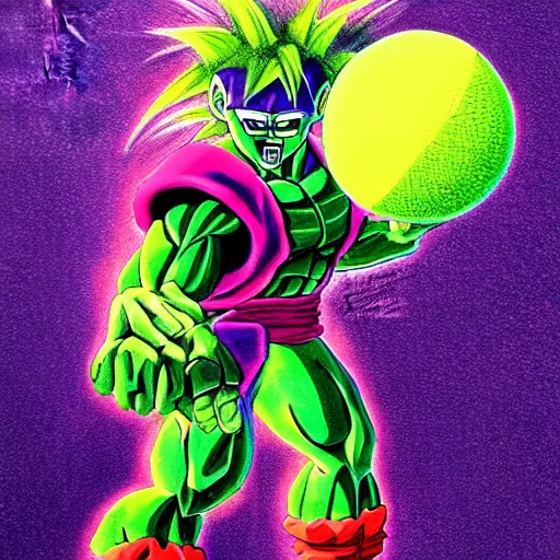 Image similar to a tennis ball monster ,tennis ball, colorful, dragon ball z, digital art, chalk, fantasy, magic, trending on artstation, ultra detailed, professional illustration by Basil Gogos