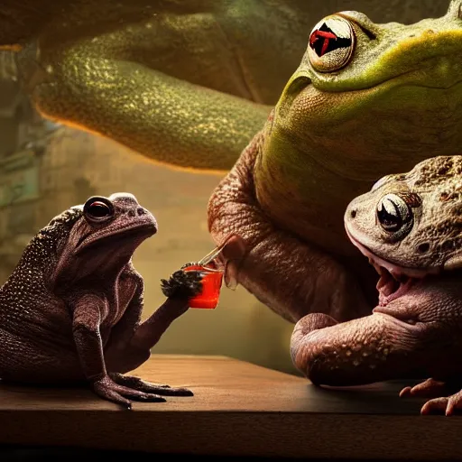 Image similar to Alex Jones and a big toad having a romantic meal, hyper realistic, dynamic pose, high detail, octane render, unreal engine, 8k, fantasy art, highly detailed, dramatic lighting, concept art