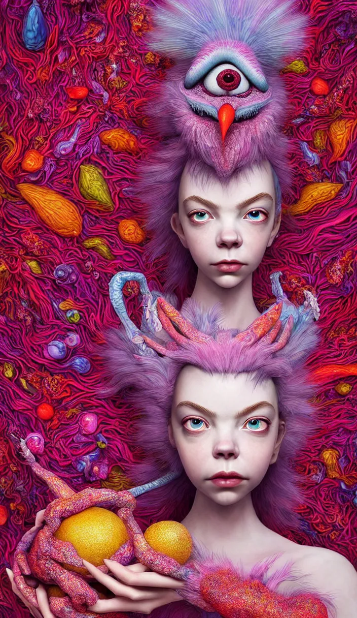 Image similar to hyper detailed 3d render like a Oil painting - kawaii portrait of quirky Aurora (a beautiful skeksis muppet fae queen from dark crystal that looks like Anya Taylor-Joy) seen red carpet photoshoot in UVIVF posing in scaly dress to Eat of the Strangling network of yellowcake aerochrome and milky Fruit and His delicate Hands hold of gossamer polyp blossoms bring iridescent fungal flowers whose spores black the foolish stars by Jacek Yerka, Ilya Kuvshinov, Mariusz Lewandowski, Houdini algorithmic generative render, Abstract brush strokes, Masterpiece, Edward Hopper and James Gilleard, Zdzislaw Beksinski, Mark Ryden, Wolfgang Lettl, hints of Yayoi Kasuma and Dr. Seuss, octane render, 8k