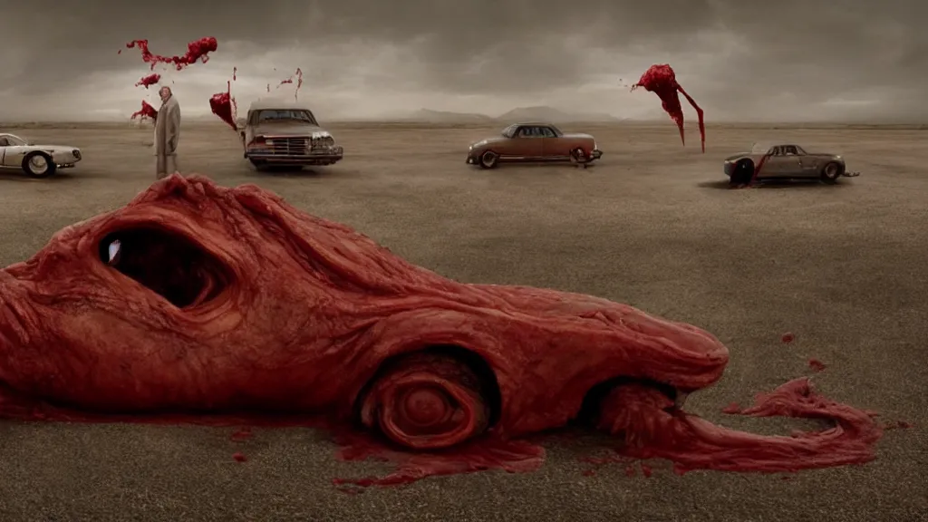 Prompt: the creature sells a used car, made of wax and blood, film still from the movie directed by Denis Villeneuve with art direction by Dalí, wide lens