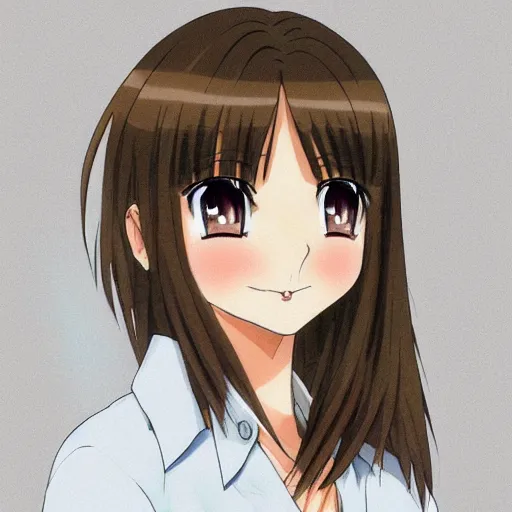 Prompt: A medium shot anime portrait of a happy light brown-haired brunette anime woman, a single short ponytail, parted light brown hair, bare forehead, blue-eyed, bright blue eyes, celeste eyes, big bold thick eyebrows, thick jawline, uniform teeth, big lips, round face, big round nose, closed lips, wearing a t-shirt, solid blue background, by Stanley Artgerm Lau, WLOP, Rossdraws, James Jean, Andrei Riabovitchev, Marc Simonetti, and Sakimi chan, trending on artstation