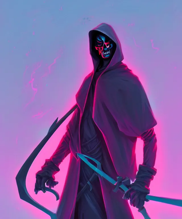 Prompt: a portrait of a hooded neon grimm reaper holding a single scythe, fantasy, elegant, digital painting, artstation, concept art, matte, sharp focus, illustration, art by josan gonzalez