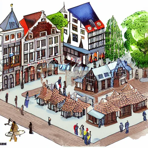 Image similar to The town square of a typical Dutch town. Isometric watercolor illustration.
