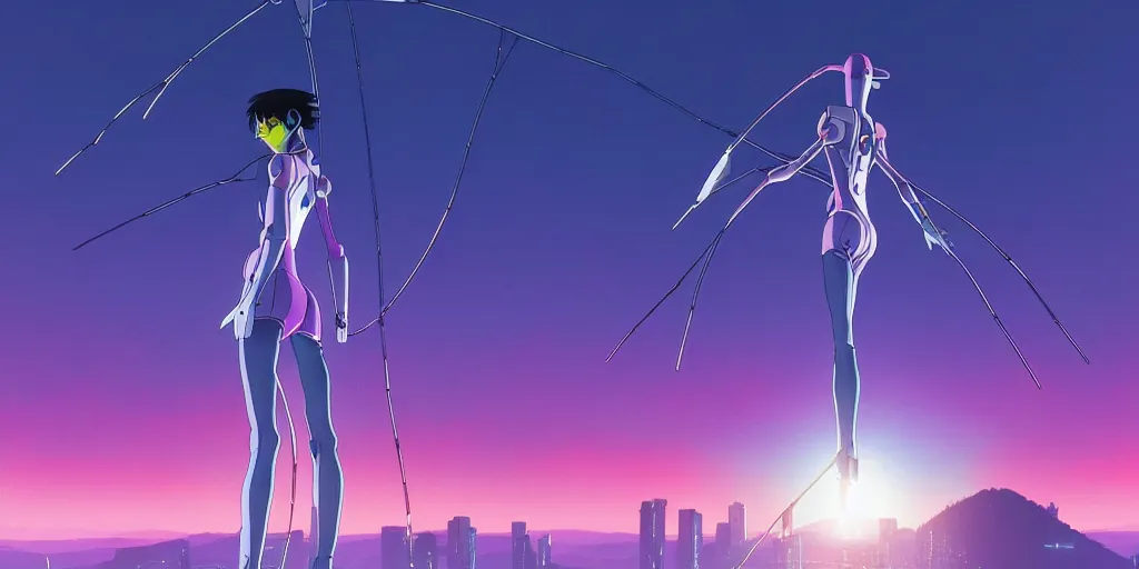 Image similar to twilight lighting, moody, atmospheric, solarpunk, eva - 0 1 from evangelion on a hill, rainy, in the art style of neon genesis : evangelion, by ghibli studio and victor ngai, ghost in the shell art style, akira artstyle, pixar highly detailed, 8 k h 5 7 6