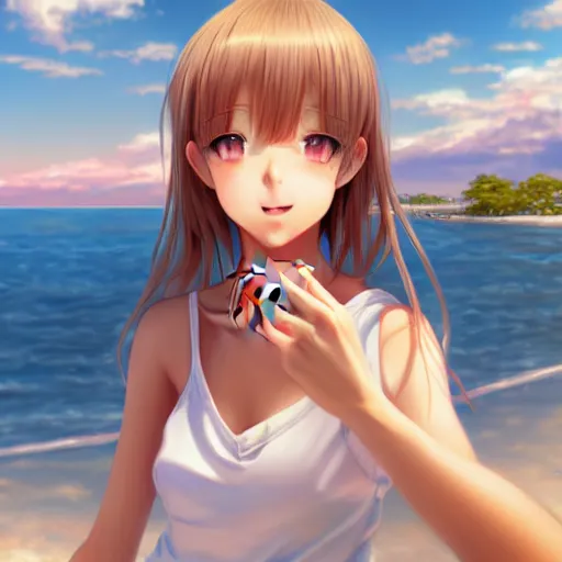 Image similar to beautiful serene intricate very detailed portrait of a realistic anime girl taking a selfie, smiling softly, wearing casual clothes, relaxing on the beach, golden hour, soft focus, 8 k, art by irakli nadar, hyperrealism, hyperdetailed, ultra realistic