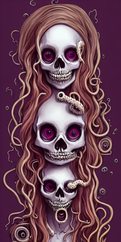 Image similar to a woman skull of death with hair in tentacle, her eyes are lenses by Moebius, chromatic aberration, hyper detailled, trending on artstation