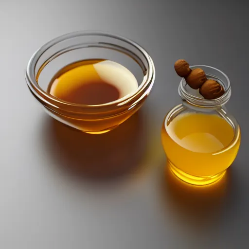 Image similar to octane render of honey pouring onto white table, realistic, render, 3 d, detail, minimalism,