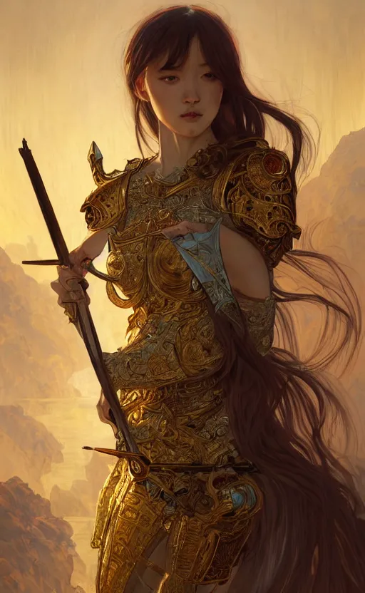 Image similar to portrait sword knights of zodiac girl, golden and copper shining armor, bushido, in ruined agora of athens sunrise, ssci - fi and fantasy, intricate and very very beautiful and elegant, highly detailed, digital painting, artstation, concept art, smooth and sharp focus, illustration, art by tian zi and wlop and alphonse mucha