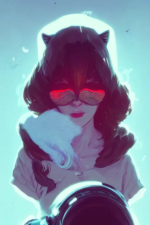 Prompt: techno music - wave highly detailed portrait female in edm club, with kitsune mask, long red hair, by atey ghailan, by greg rutkowski, by greg tocchini, by james gilleard, by joe fenton, by kaethe butcher, dynamic lighting, gradient light blue, brown, blonde cream and white color scheme, grunge aesthetic