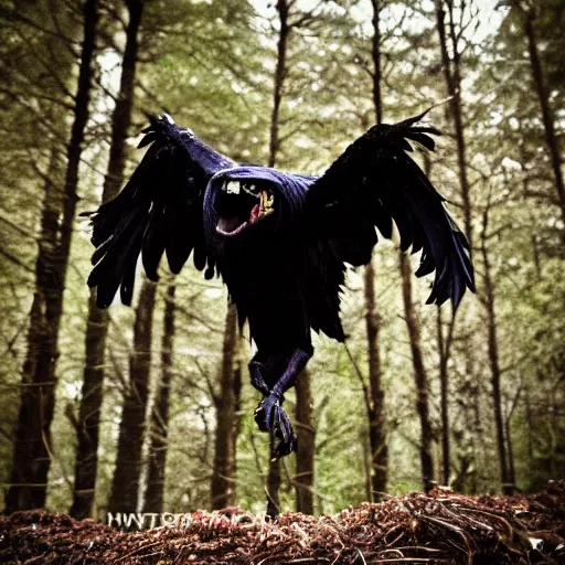 Image similar to ! werecreature that is a mix between human and crow, photograph captured in a forest