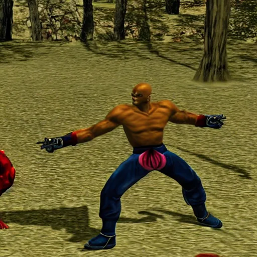 Prompt: fight screenshot of anderson silva vs yoshimitsu in tekken, detailed anderson silva face texture, ps 1 graphics, low poly, texture warp, pixel aliasing, fighting game in forest, sd video, tekken 1 playstation, health bar hud