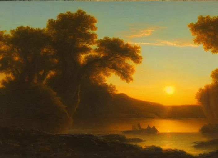 Image similar to a sunrise in the devonian era of earth in the style of hudson river school of art, oil on canvas