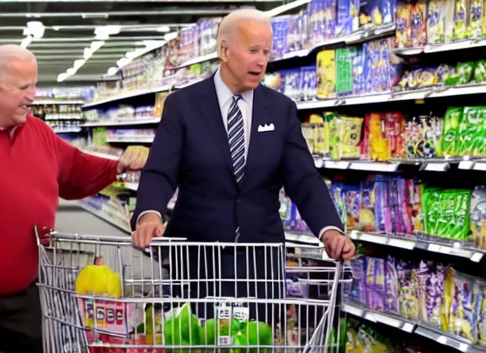 Image similar to Joe Biden fights a fat man at the supermarket, 8K, high quality, highly detailed