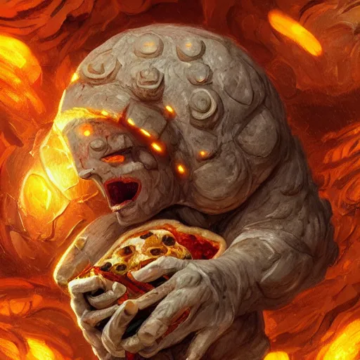 Image similar to ultra realistic illustration of golem made of pizza, intricate, fantasy italy, elegant, highly detailed, digital painting, artstation, concept art, smooth, sharp focus, illustration, art by tim mcburnie and conar cross and anato finnstark