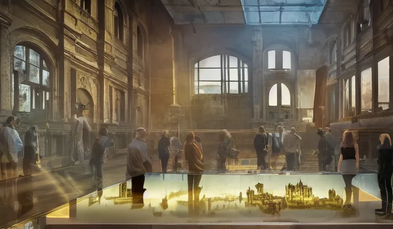 Image similar to group of people in bare walled museum, looking at hologram of futuristic city on a table, cinematic concept art, godrays, golden hour, natural sunlight, 4 k, clear details, tabletop model buildings, center model buildings, hologram center, crane shot, crane shot, crane shot