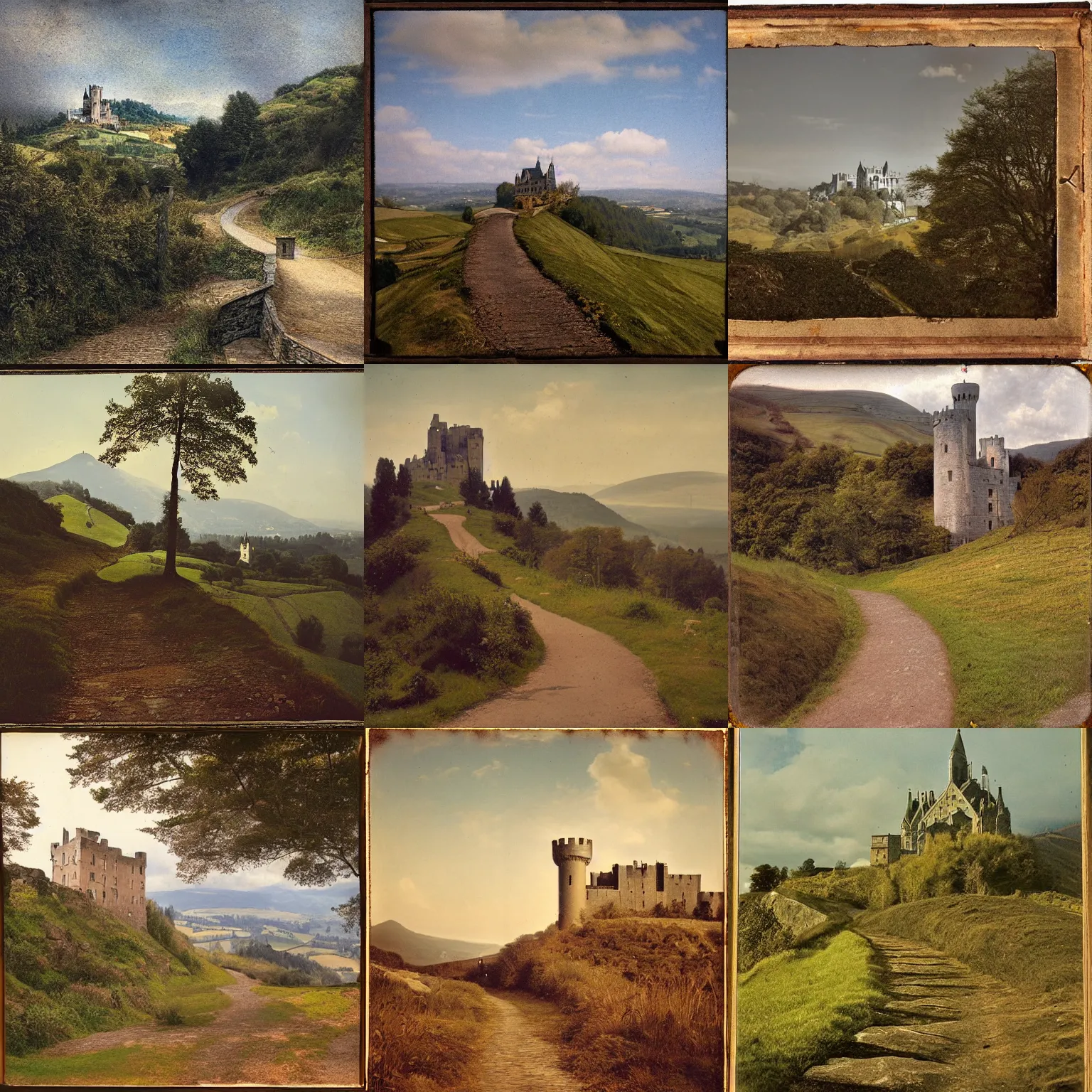 Image similar to photochrom, a hilly landscape with castle and path