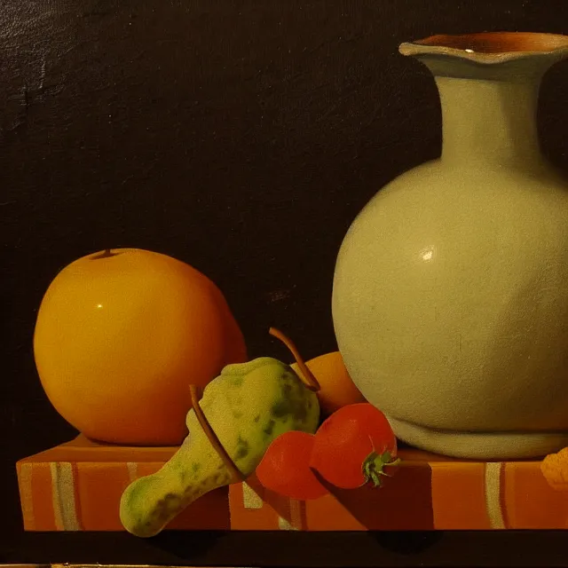 Prompt: a still life, extraordinarily badly painted