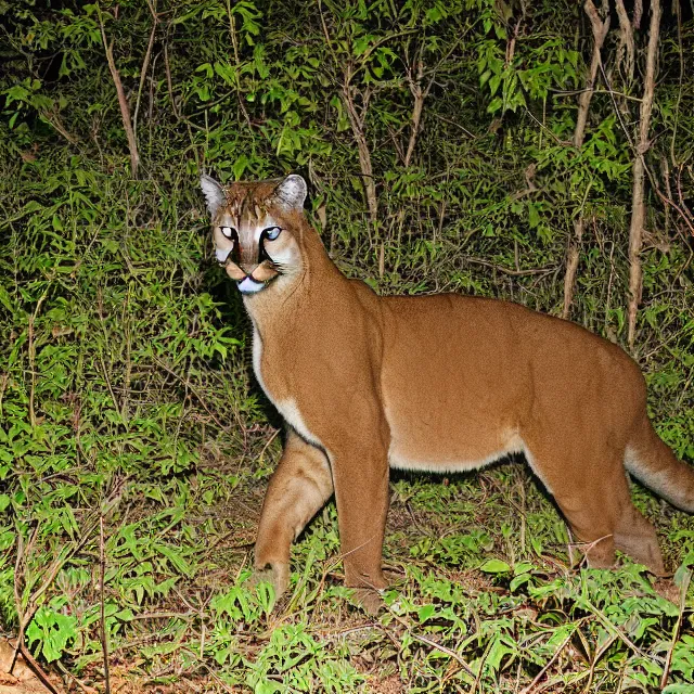 Image similar to cougar in forest at night, night vision goggles, shot from the ground up, grainy
