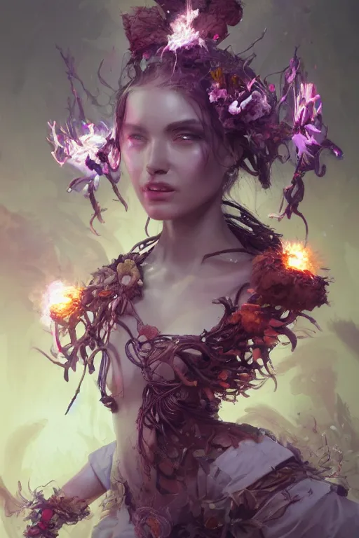 Image similar to face closeup of beautiful girl necromancer, witch - doctor exploding into flowers, angels, 3 d render, hyper - realistic detailed portrait, holding fire and electricity, ruan jia, wlop. scifi, fantasy, magic the gathering, hyper detailed, octane render, concept art, peter mohrbacher