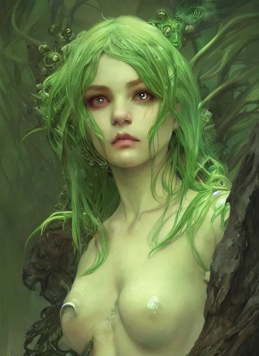 Image similar to portrait of beautiful green skin cute goblin girl, fantasy, D&D, intricate, elegant, highly detailed, digital painting, artstation, concept art, smooth, sharp focus, illustration, art by artgerm and greg rutkowski and alphonse mucha and Gustav Klimt