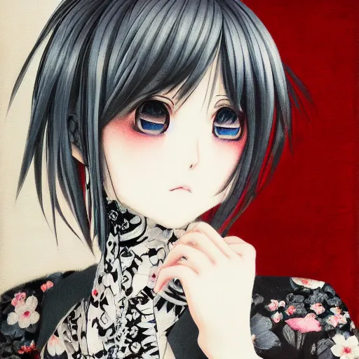 Image similar to realistic illustration of an anime girl with short white hair and black eyes wearing tuxedo in the style of yoshitaka amano, floral black and white patterns on the background, noisy film grain effect, highly detailed, Renaissance oil painting