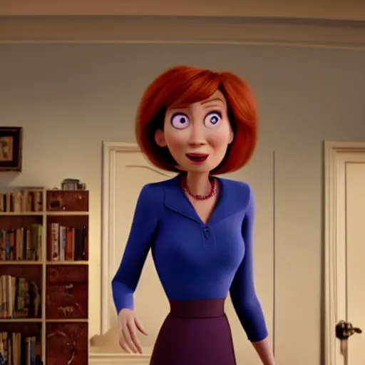 Prompt: in this new still from pixar movie the president a seemingly deranged red headed woman stares at the camera 4k