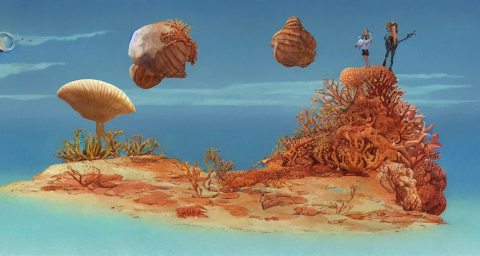 Image similar to a deserted island, giant seashell stands in the middle, surrounded by coral, a girl standing below, concept art by roger dean and john harris, atmospheric