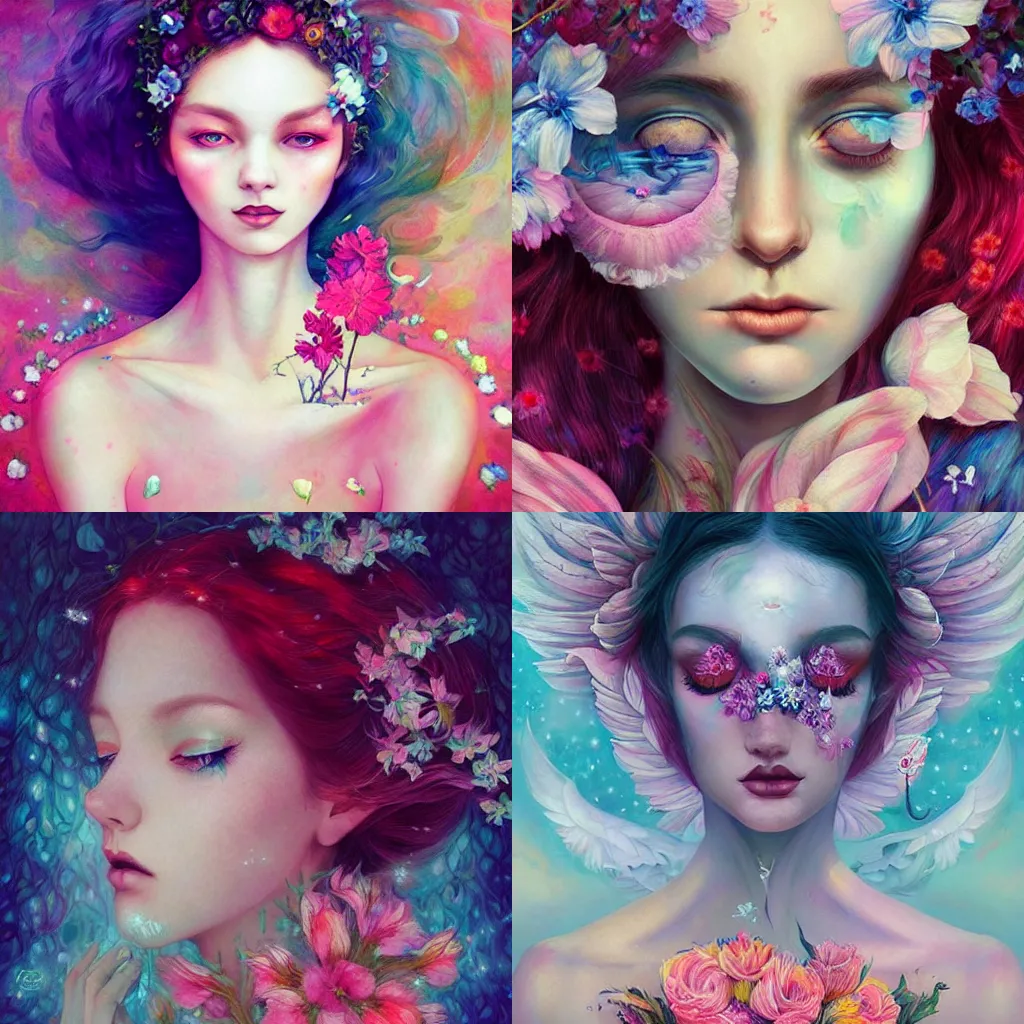 Prompt: aesthetic! angelic! portrait by Anna Dittmann and Harumi Hironaka and Filip Hodas, flowers, magical, artsy, impressionism