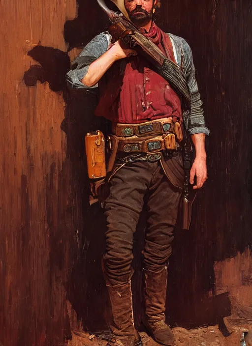 Image similar to Old west smug gunslinger (rdr2, laurie greasley). Iranian orientalist portrait by john william waterhouse and Edwin Longsden Long and Theodore Ralli and Nasreddine Dinet, oil on canvas. Cinematic, hyper realism, realistic proportions, dramatic lighting, high detail 4k