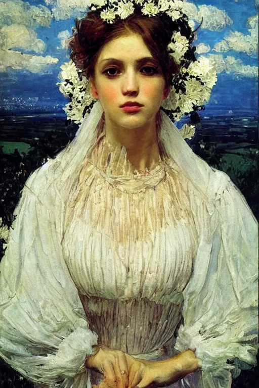 Image similar to close - up fashion woman portrait airy flowers clouds art by vasnetsov