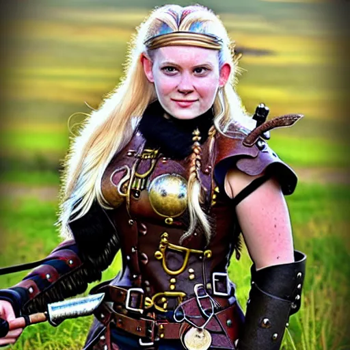 Prompt: photo of a real-life steampunk female viking