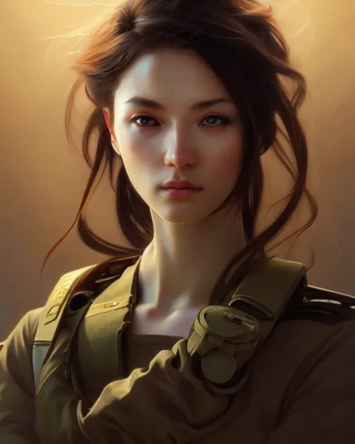 Image similar to beautiful female soldier, portrait, anime!!, fantasy, ultra detailed, elegant, intricate, dynamic lighting, hyperrealism, digital art, digital painting, artstation, wlop, sharp focus, illustration, art by artgerm and greg rutkowski and alphonse mucha, 8 k