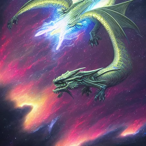 Image similar to a metallic bioluminescent alien dragon flying in outer space, epic nebula, Dan Seagrave art