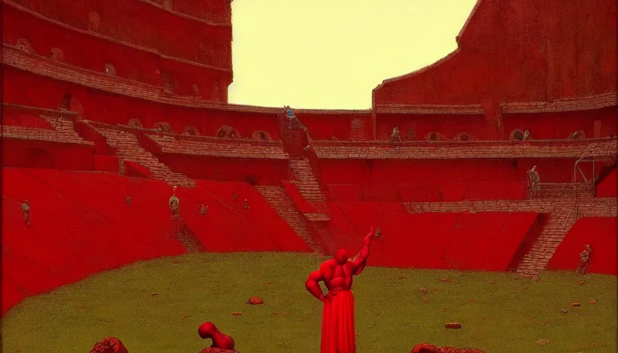 Image similar to only with red, a red gladiator in a crowded roman amphitheatre, crowd cheers him, in the style of beksinski, parts by edward hopper, parts by rodcenko, parts by yue minjun, intricate and epic composition, red by caravaggio, insane quality, highly detailed, masterpiece, red light, artstation