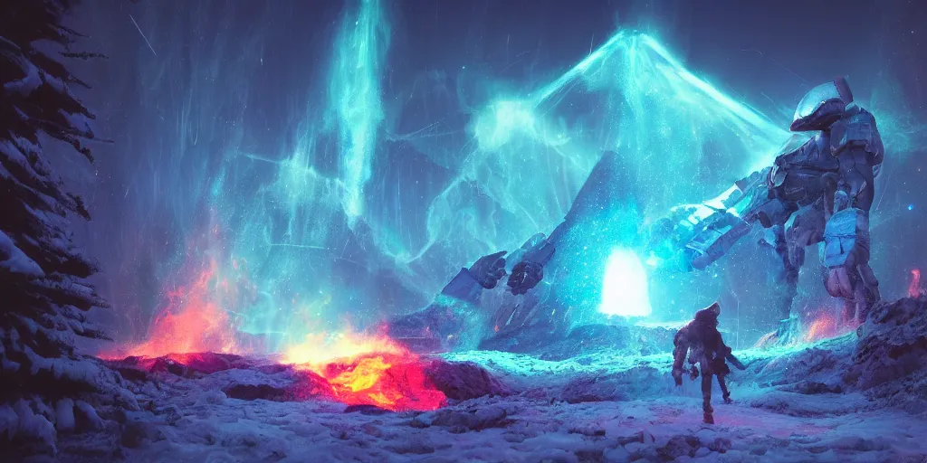 Prompt: intergalactic, galaxy, giant ice golem, fire, glow, cinematic photo, forest, mountain, video game concept art