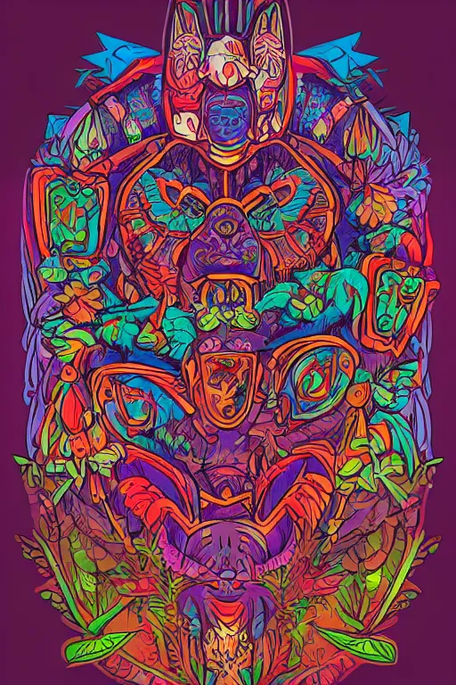 Image similar to animal mask totem roots flower tribal feather gemstone plant wood rock shaman vodoo video game vector cutout illustration vivid multicolor borderlands comics by josan gonzales and dan mumford radiating a glowing aura