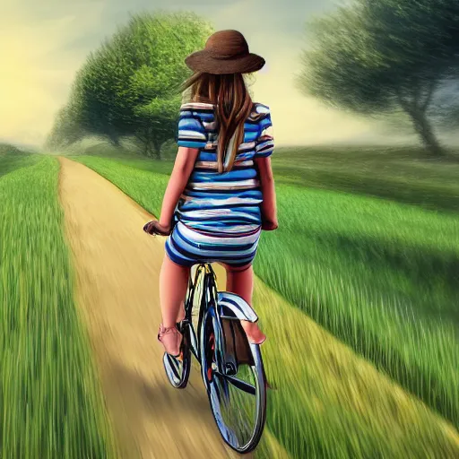 Prompt: a girl wearing stripes riding a bicycle down a quiet Village Road with wheat fields on either side, award winning fantasy art