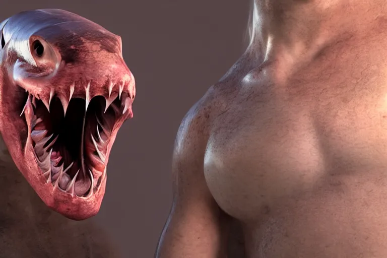 Image similar to A human with shark head made of muscles and flesh, very angry, teeth, ambient light, terror, glows, realistic, photo-realism, hyper realism, picture, detailed, 3D render, scary, distant shot, in the distance,