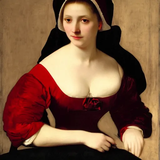 Prompt: sublime portrait of a woman in a red satin dress, very pale, graceful, Vermeer, Bouguereau, Van Dyck, Ingres, Rubens, Carolus-Duran, strong dramatic cinematic lighting, 17th-century, extremely detailed, dark background