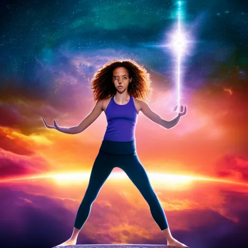 Prompt: hermione granger as yoga instructor in space, trending high quality art station, cinematic shot, magical colors and atmosphere, perfect composition, coherent, 8 k