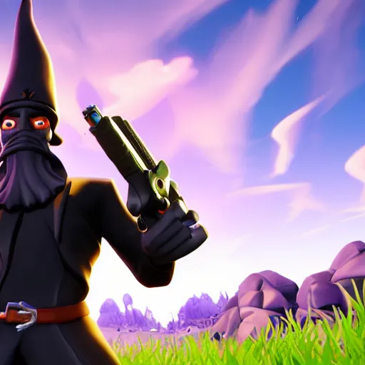 Image similar to an anthropomorphic black goat wizard in fortnite, black wizard robes, holding a gun