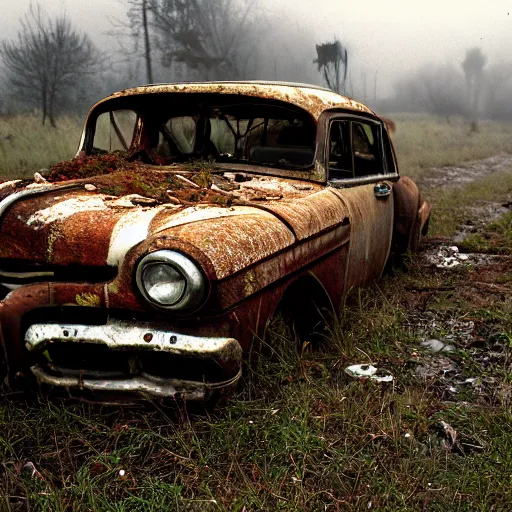 Prompt: apocalyptic, ruined town, abandoned streets, littered, mutated wildlife, decrepit homes and sheds on the side of the road, slowly being reclaimed by nature. rusted vintage cars. fog, dew, rain, volumetric lighting, beautiful, summer morning dew, sharp focus, ultra detailed, kodachrome, cgsociety - w 1 0 2 4 - n 8 - i