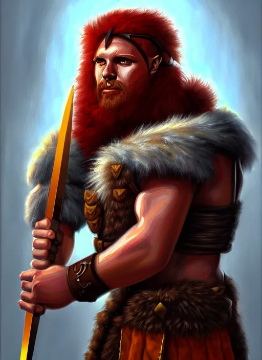 Prompt: a portrait of meoguard human male barbarian!!, fantasy, dungeons and dragons, an ultrafine detailed painting, detailed painting, boris valejo.