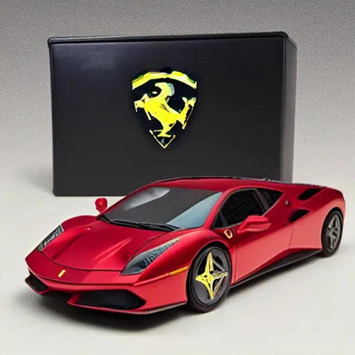 Image similar to realistic photographie lamborgini luxury mix with ferrari inside a pop collector box