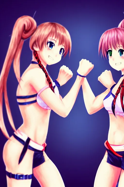 Image similar to two beautiful female fighters with pigtails facing each other, detailed anime art